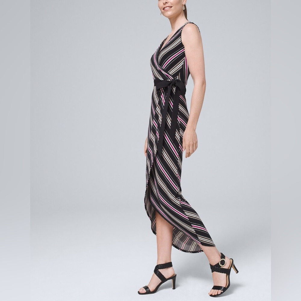 WHITE HOUSE BLACK MARKET | Striped Matte Jersey Midi Faux-Wrap Dress